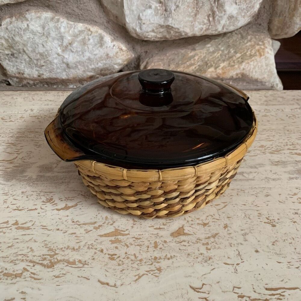 Fire King Anchor Hawking amber glass caserole Dish with basket *chipped lid*